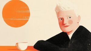 Modern digital illustration of a young boy with blonde hair, sitting at a table with a white coffee cup, colourful abstract sun in the background, representing artistic and creative work by Barnaby Robson.