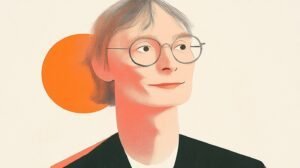 Elegant illustration of Barnaby Robson, showcasing her with stylish glasses and a confident expression, highlighting her professional persona in the arts and culture sector.