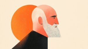Modern abstract illustration of a contemplative elderly man with a white beard, using bold colours and geometric shapes, representing introspection and wisdom in contemporary art.