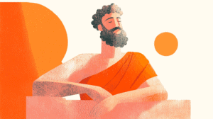 Contemplative illustration of a bearded man in orange robes with a serene expression, set against abstract background elements, highlighting themes of philosophy, mindfulness, and classical wisdom.
