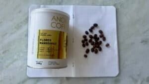 Rich, dark coffee beans on a white dotted notebook page with a cylindrical coffee canister, representing premium coffee quality and brewing expertise.