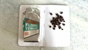 Freshly roasted Seniman Flores Tengah coffee beans and a bag of processed coffee on an open notebook. Perfect for coffee enthusiasts and quality coffee sourcing.