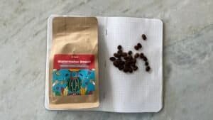 Rich coffee beans and a colourful watermelon smash herbal tea package on a white dotted notebook.