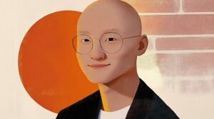 A digital illustration of Barnaby Robson, featuring a minimalist portrait with round glasses, a bald head, and a subtle smile, set against a brick wall and abstract orange circle background.