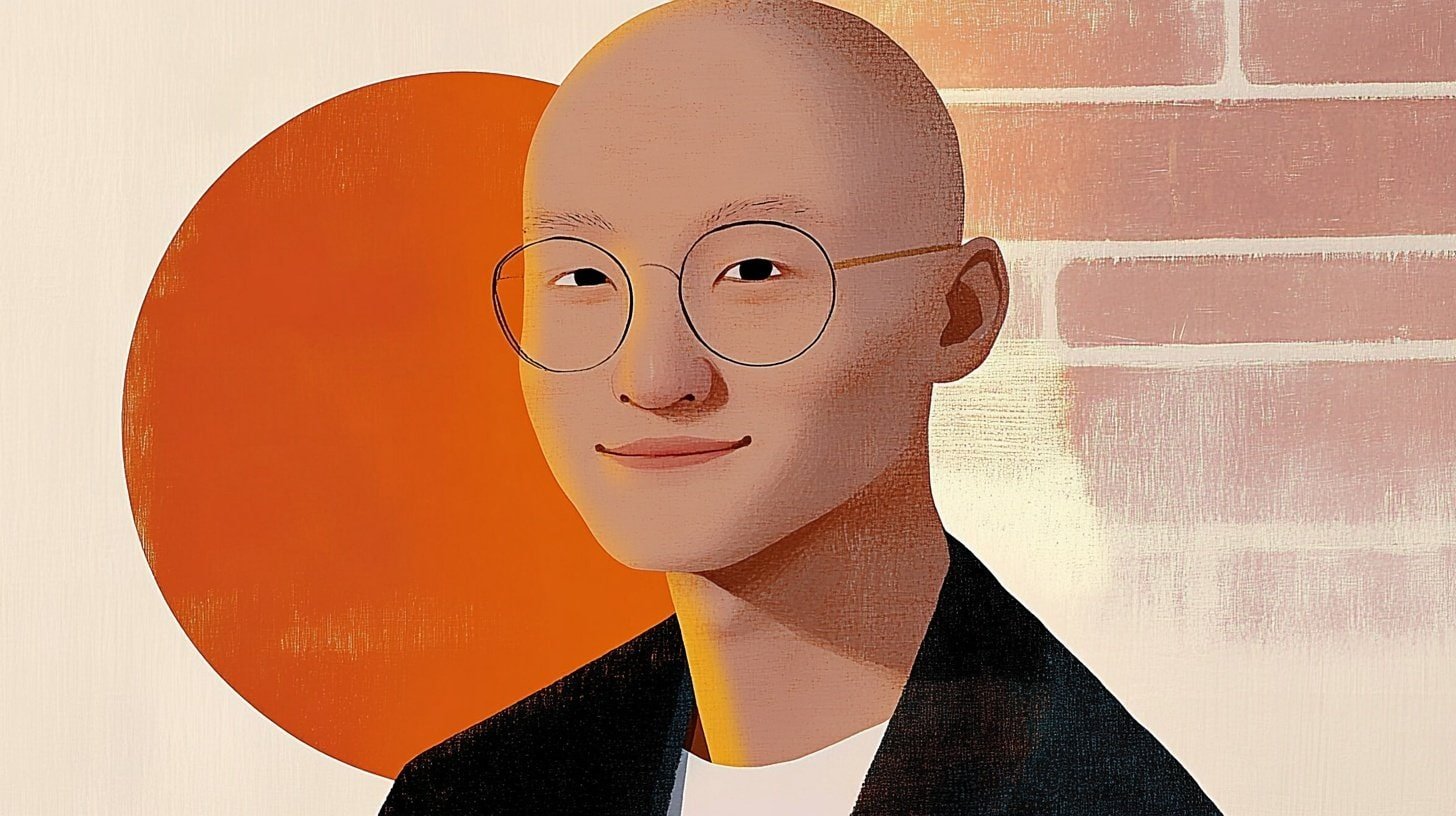 A digital illustration of Barnaby Robson, featuring a minimalist portrait with round glasses, a bald head, and a subtle smile, set against a brick wall and abstract orange circle background.