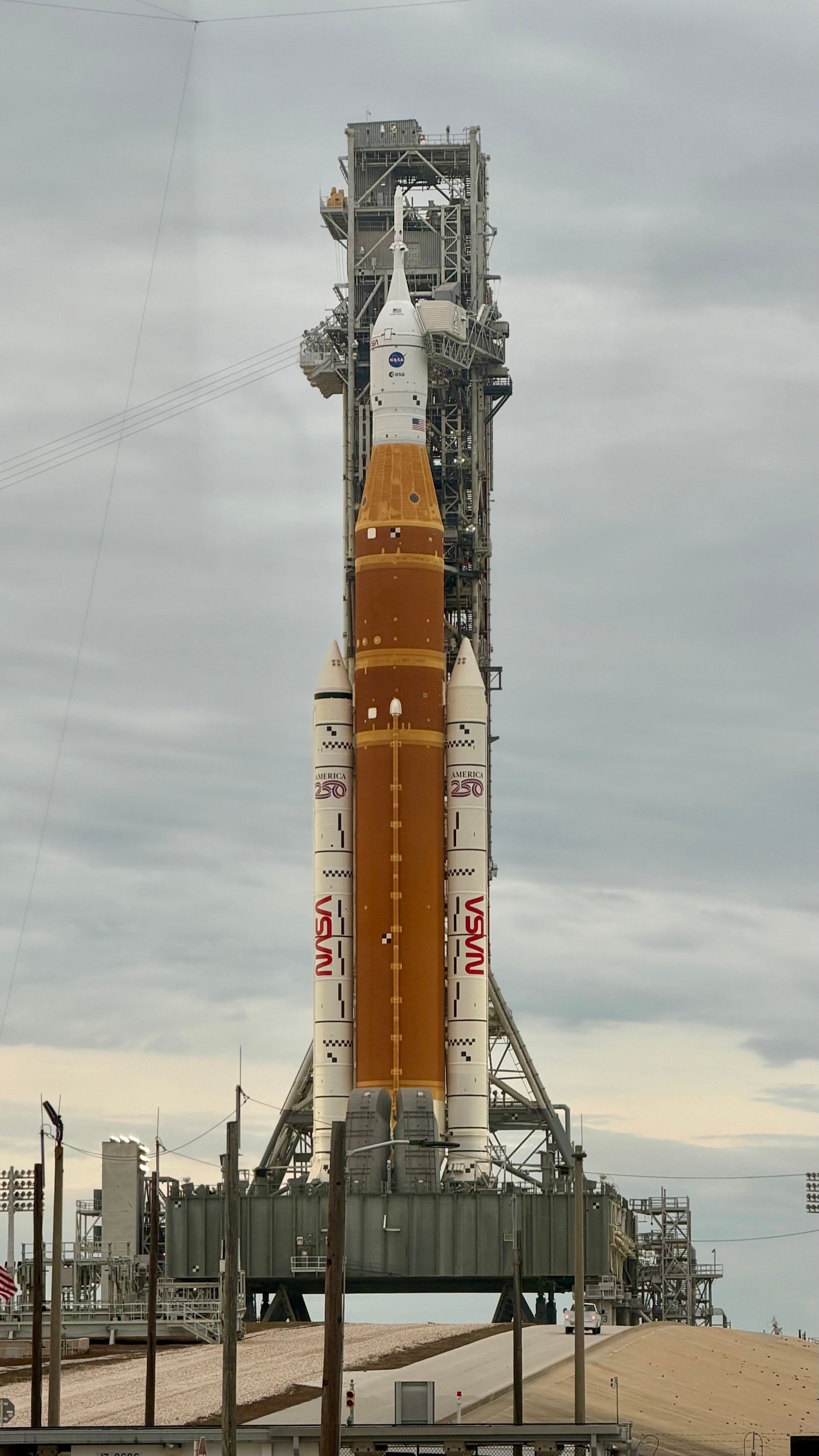 NASA SLS rocket on launch pad at Kennedy Space Center