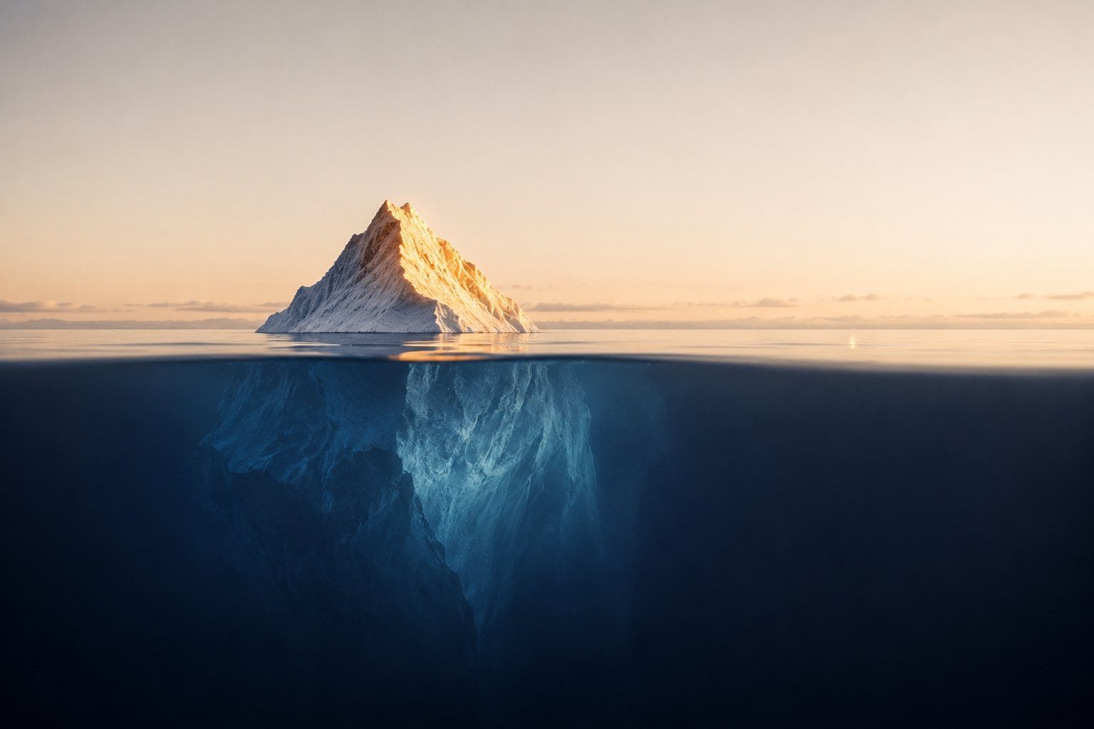 An iceberg at dawn: a small sunlit tip above the water and a vast mass below the surface