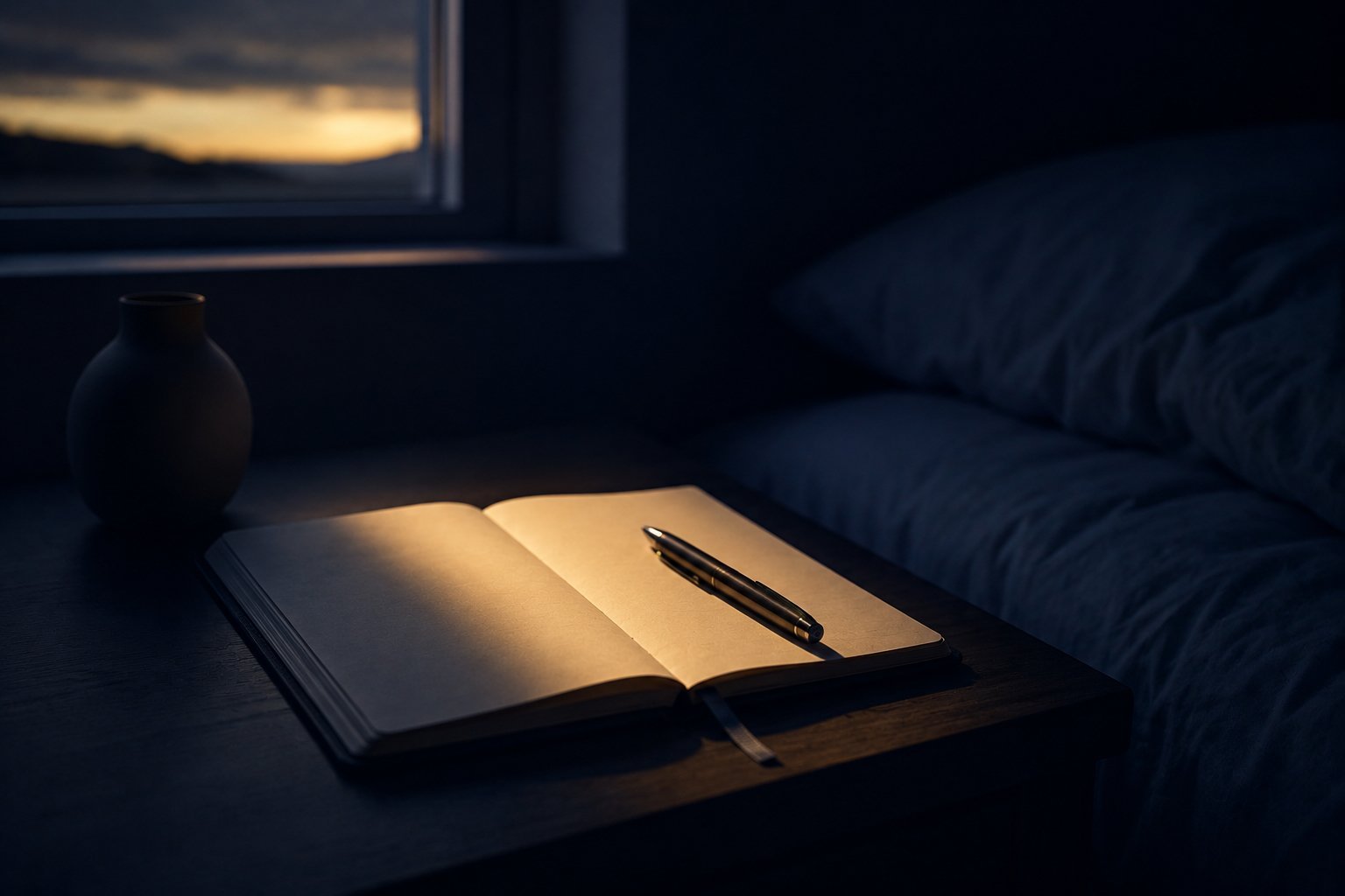 An open notebook and pen on a bedside table in the half-light of dawn