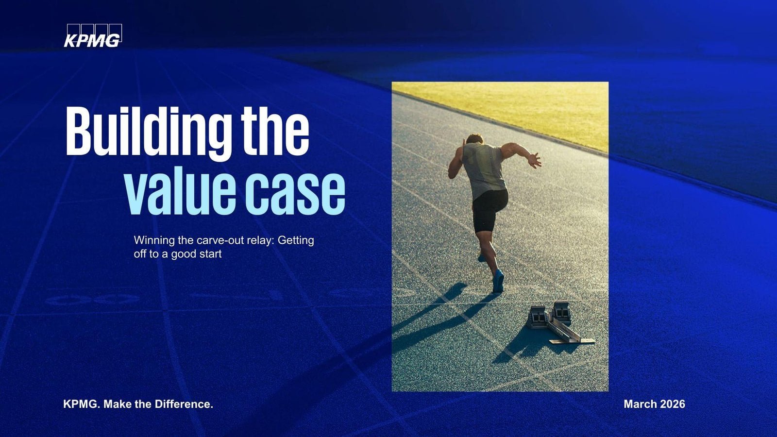 Young athlete running on a track with starting blocks, symbolising preparation and determination in sports and business.