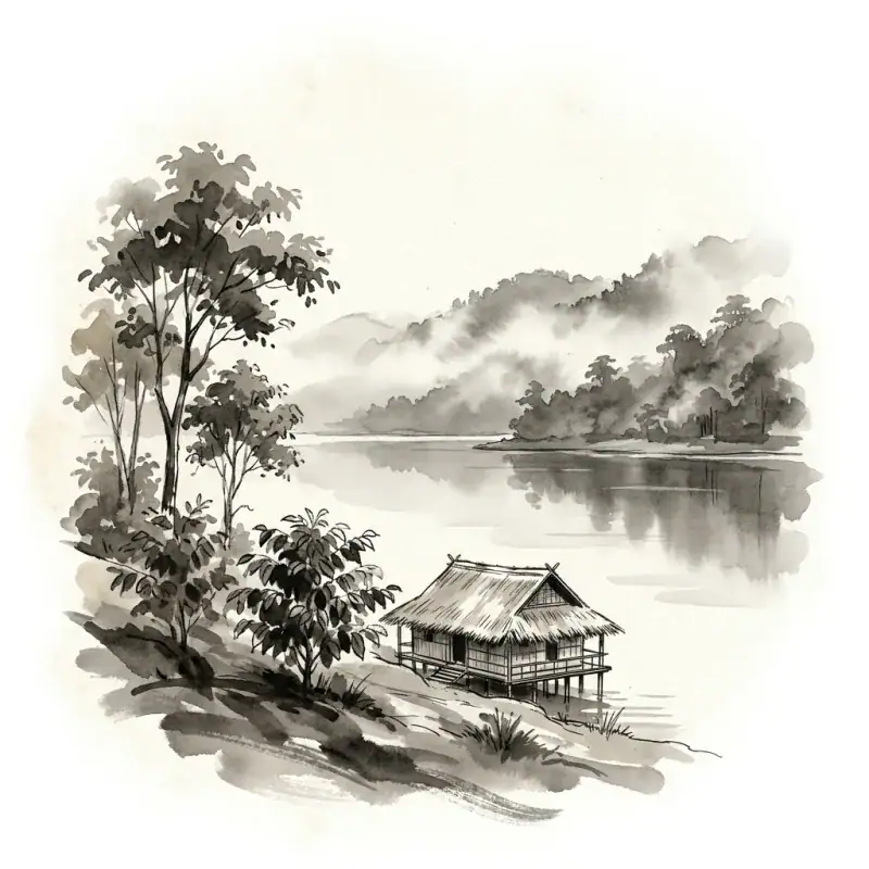 Gayo Highlands — ink-wash illustration