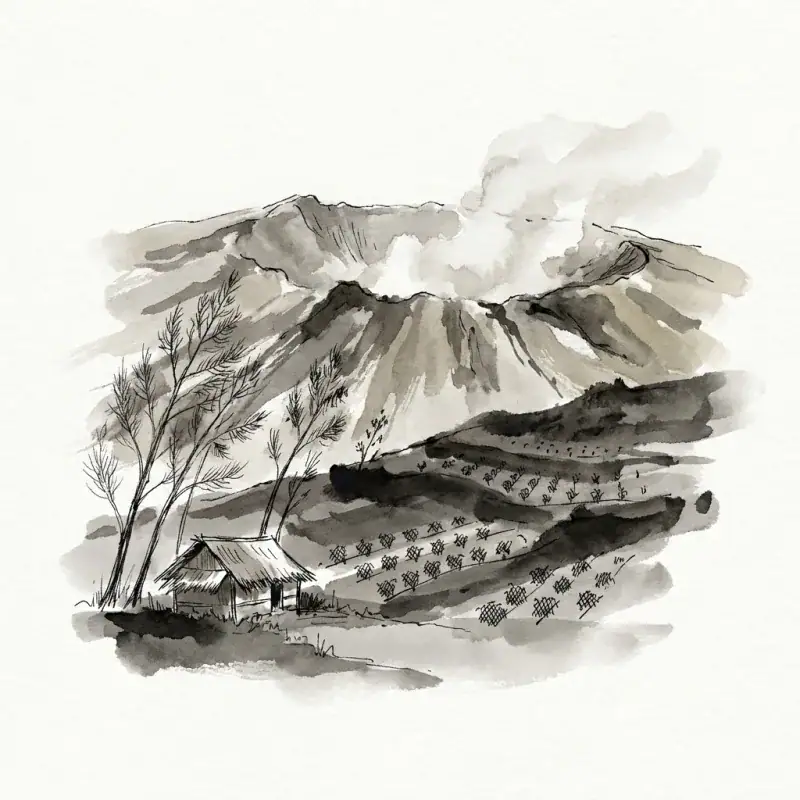 Ijen Plateau — ink-wash illustration