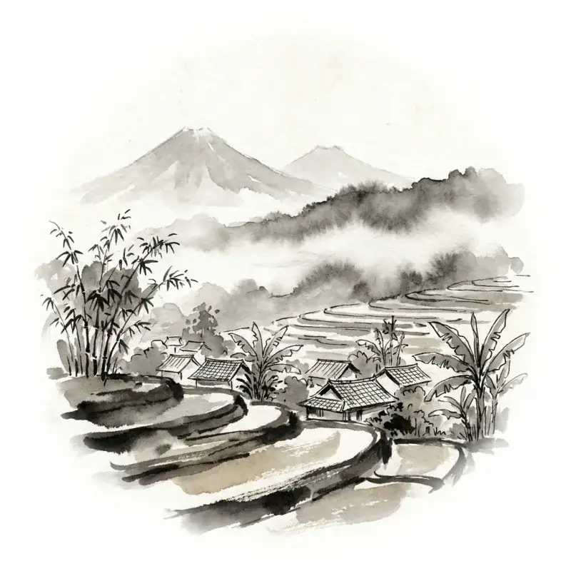Bandung Highlands — ink-wash illustration
