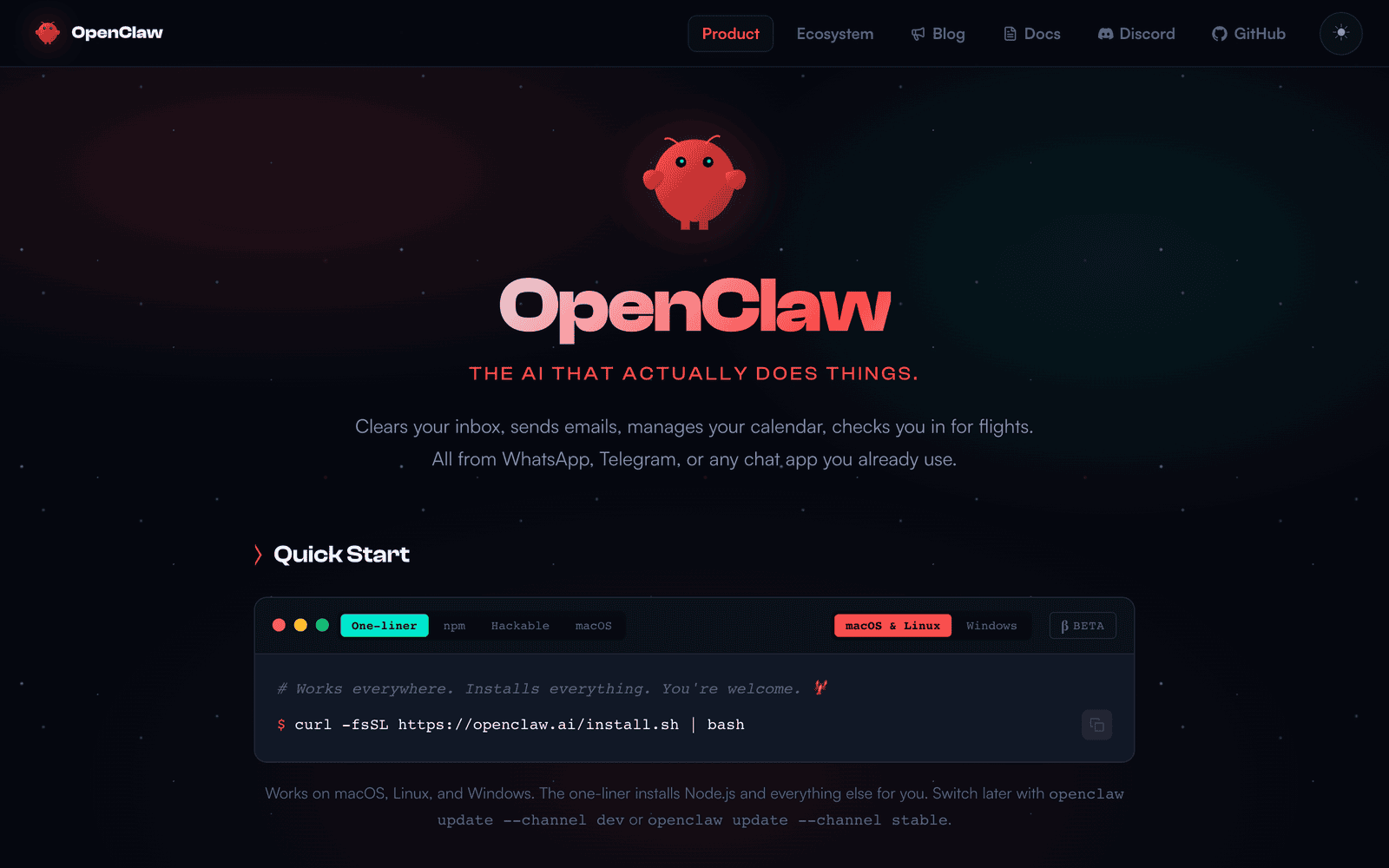 OpenClaw personal AI assistant landing page