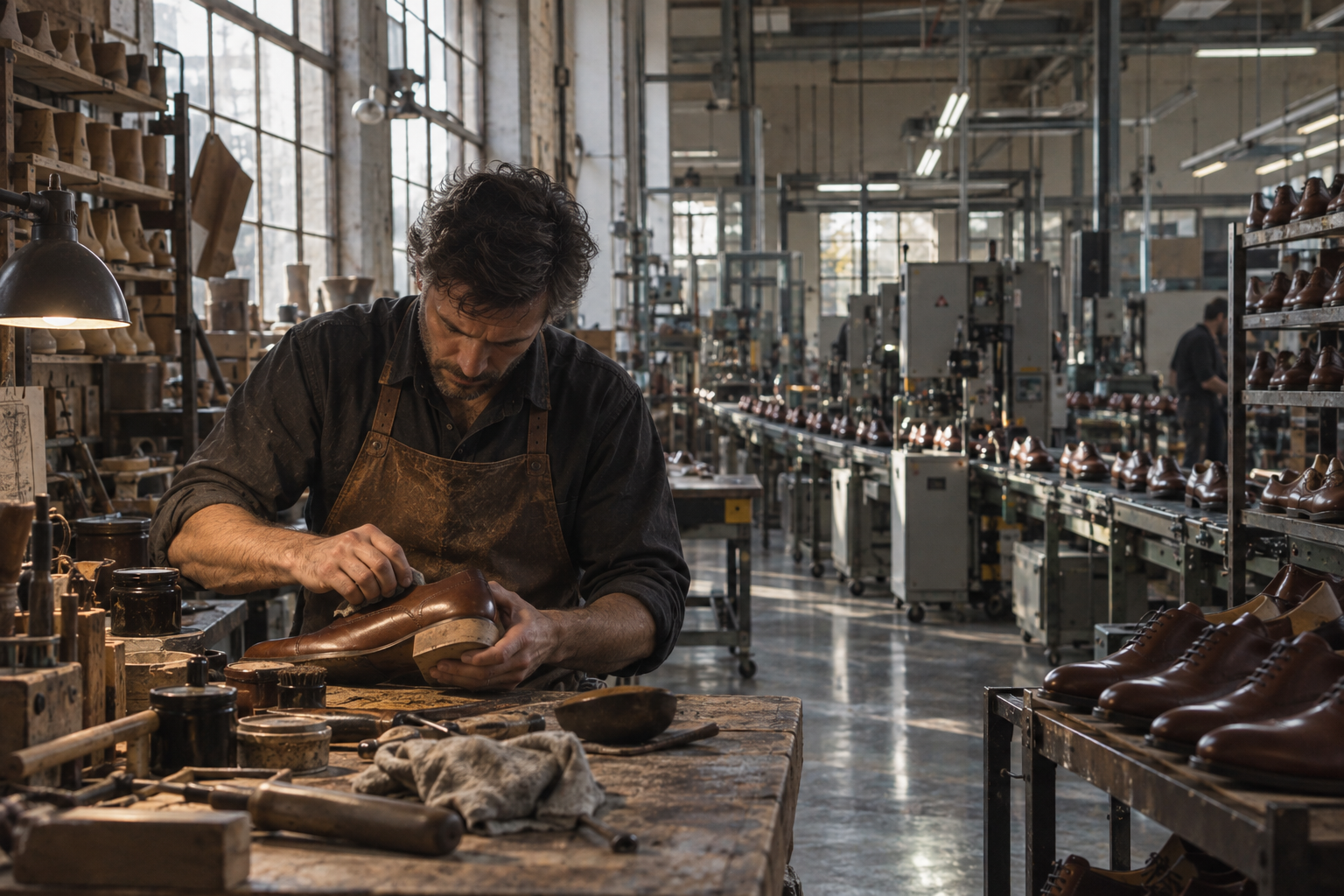 A shoemaker finishes a leather shoe beside a production line.