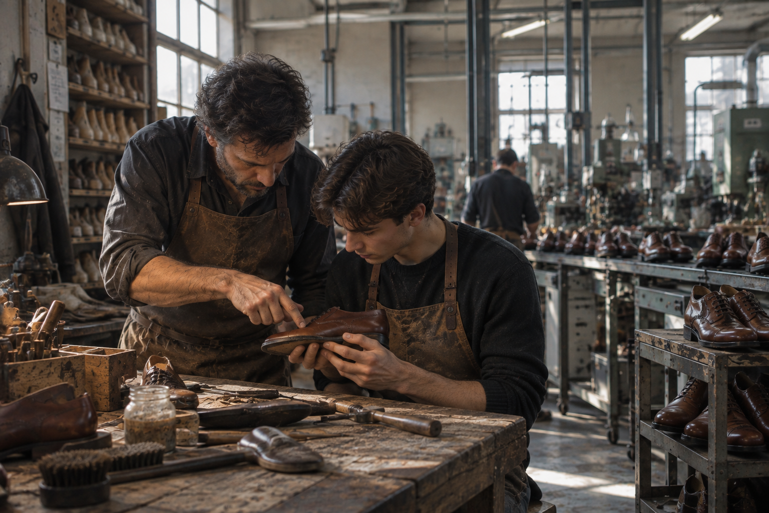 An experienced shoemaker guides an apprentice inspecting a leather shoe.