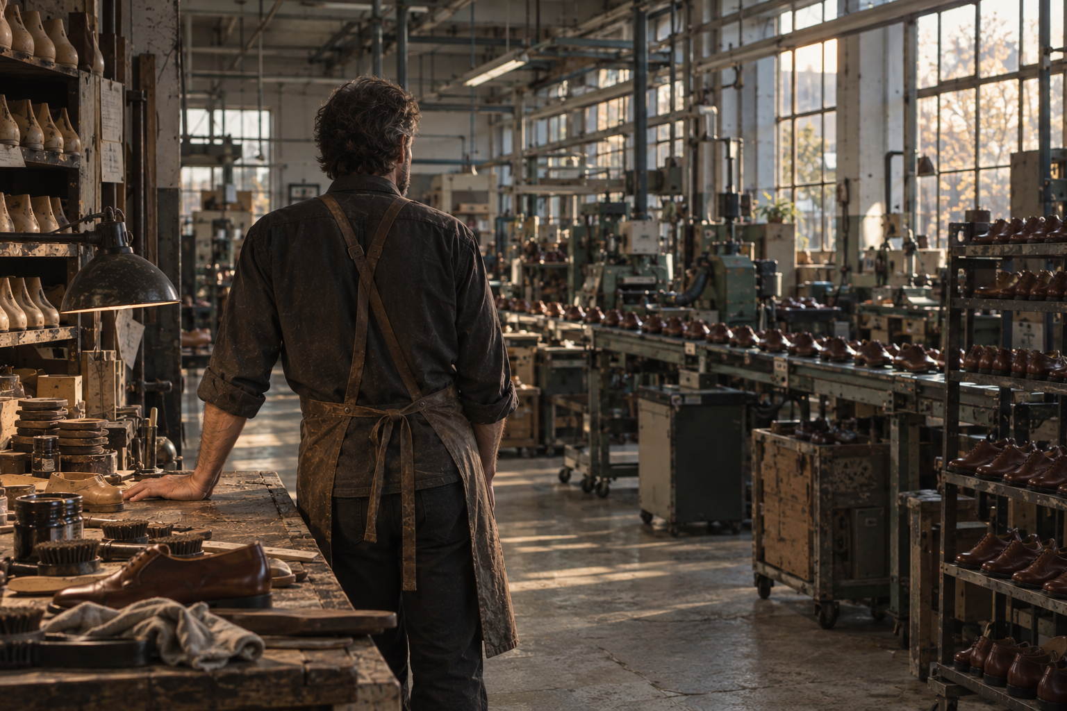 The founder looks across the shoe workshop after the shift.