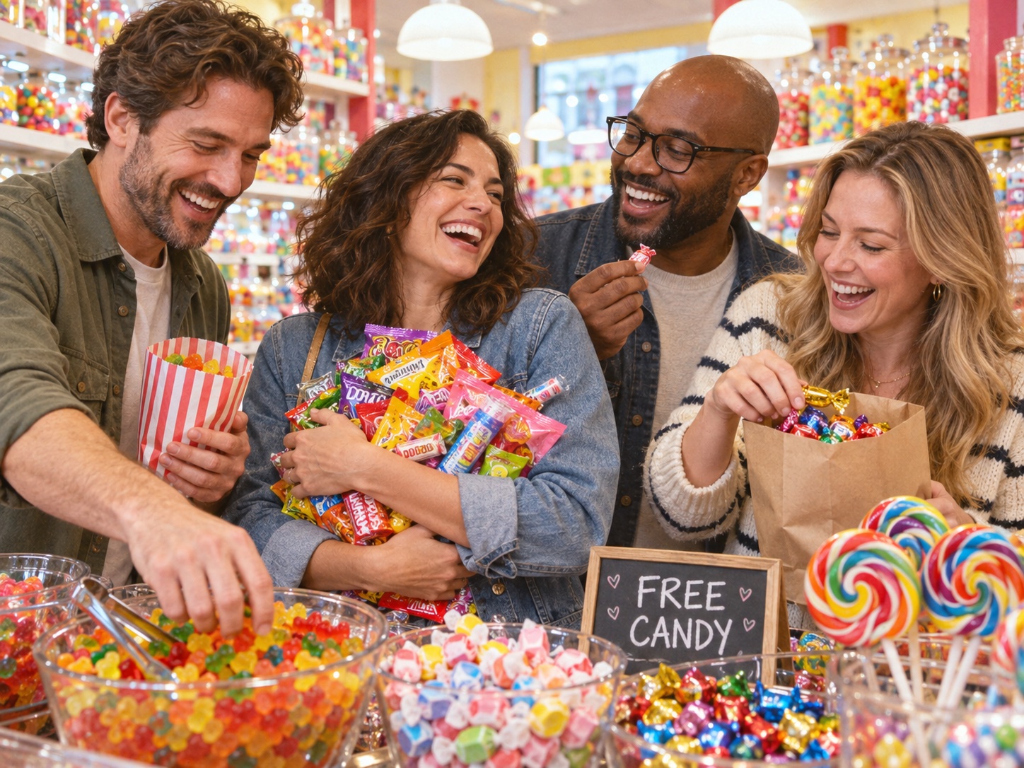 Four adults laughing in a sweet shop, filling bags from jars under a Free Candy sign