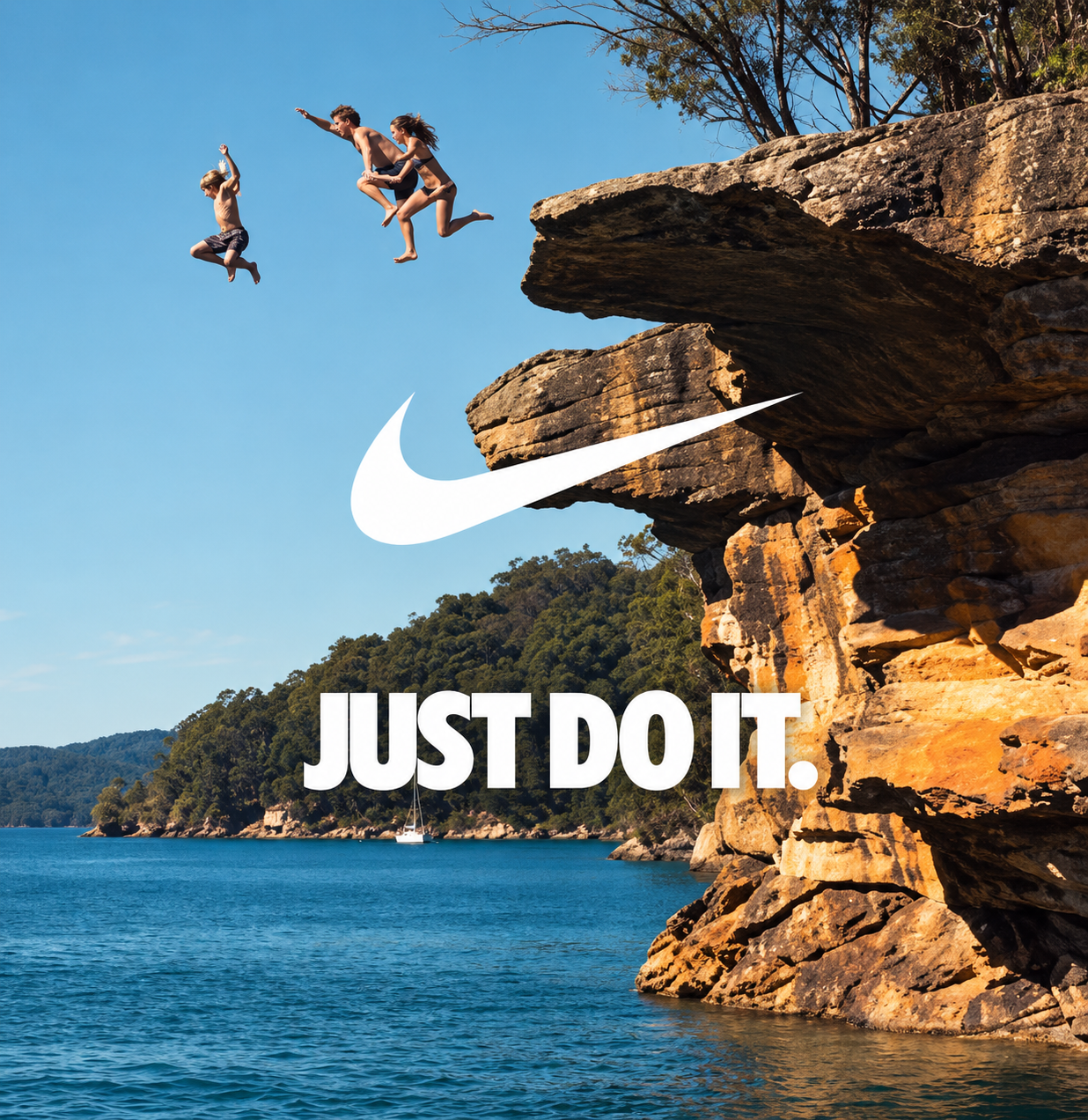 Nike Just Do It poster showing people jumping from a cliff into water