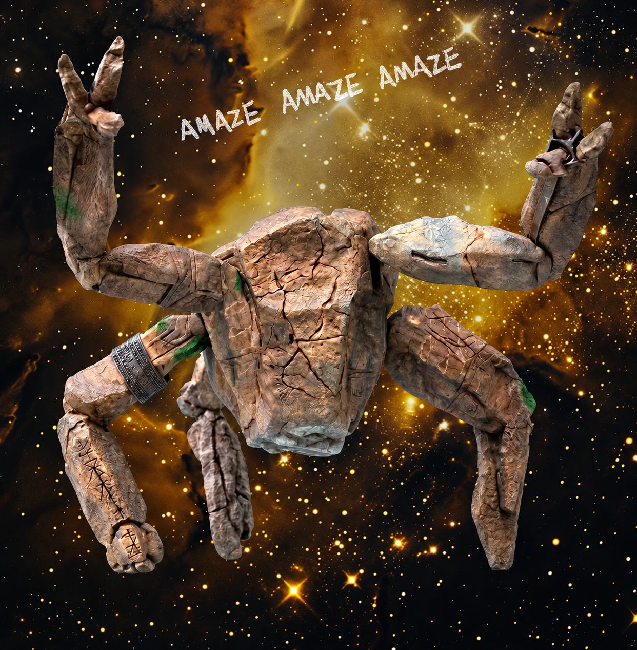 Rocky, the rock-like alien of Project Hail Mary, arms raised against a starfield, with the word AMAZE repeated three times above