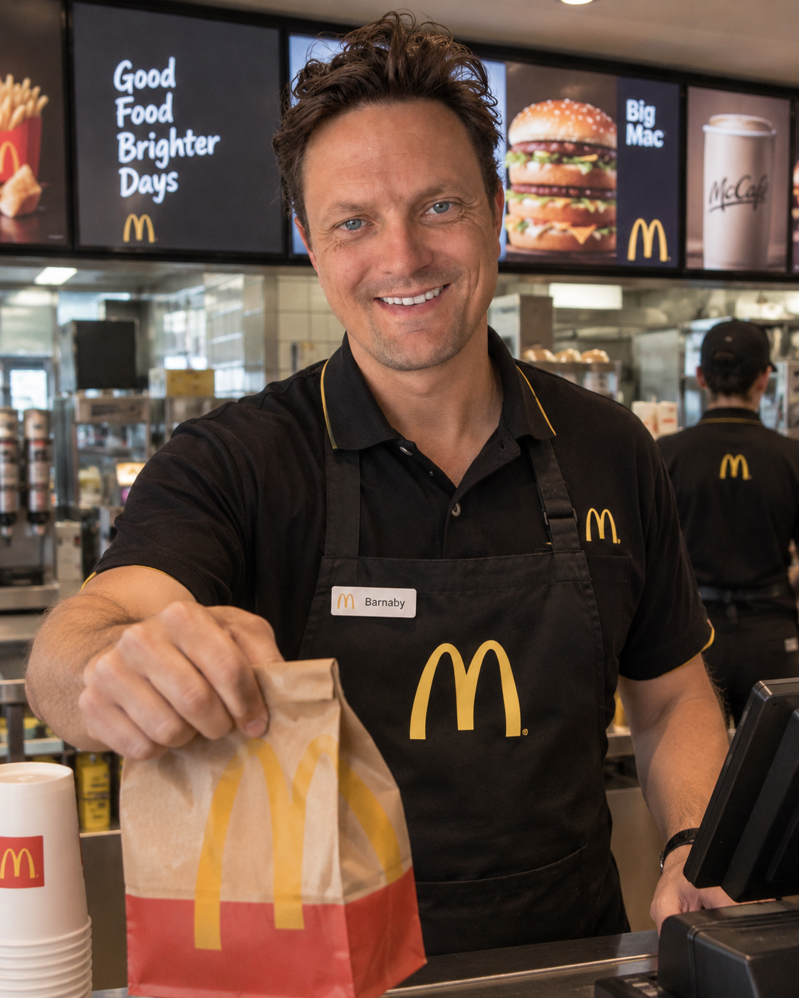 Illustrative portrait supplied by Barnaby: serving a takeaway bag at McDonald’s